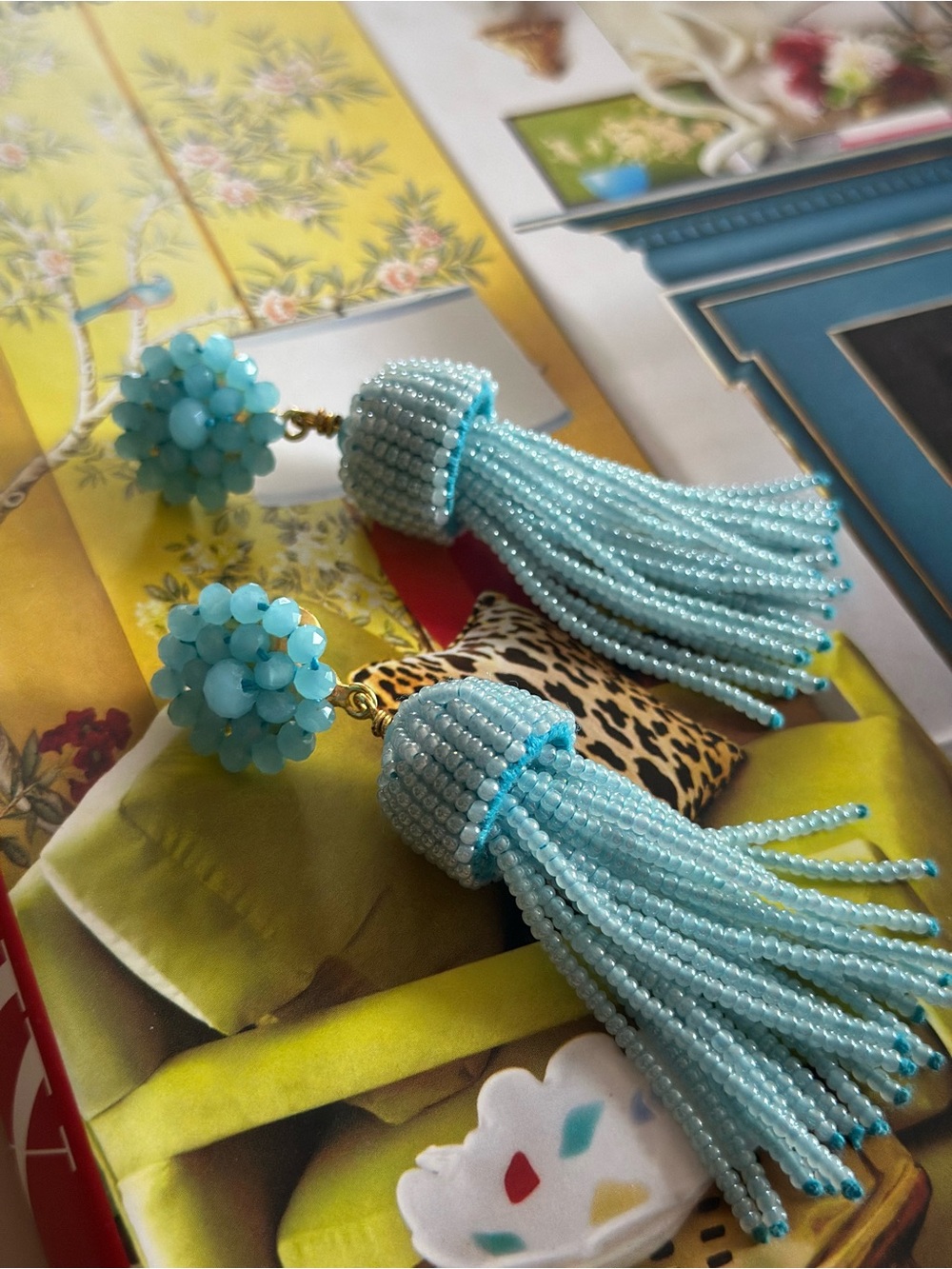 Light Blue Beaded Tassel Drop Earrings